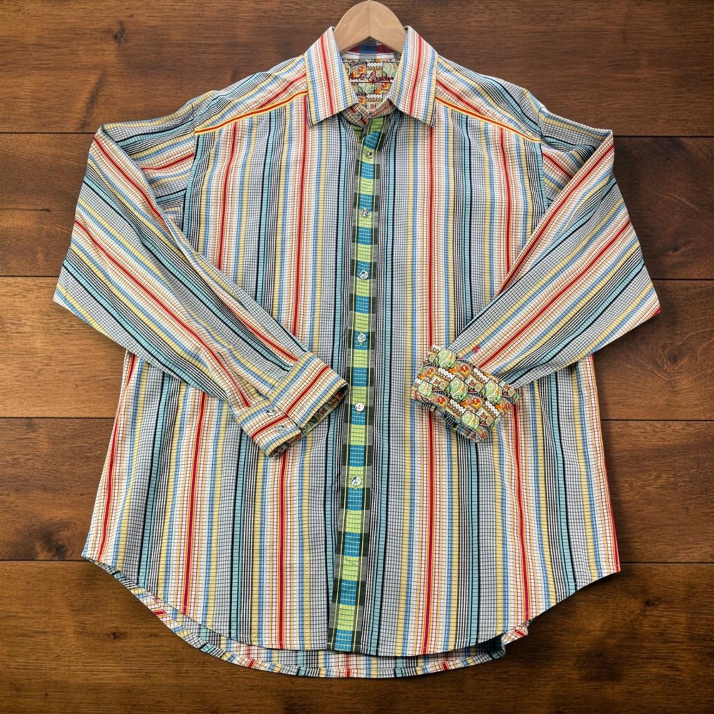 Robert Graham Mens XL Multi Color Striped Long Sleeve Rainbow Shirt Flip Cuff